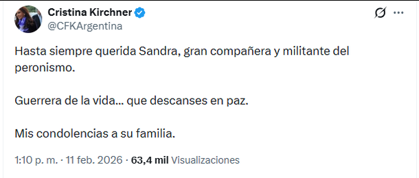 «Guerrera de la vida»: el mensaje de Cristina Kirchner tras la muerte de Sandra Mendoza «Guerrera de la vida»: el mensaje de Cristina Kirchner tras la muerte de Sandra Mendoza