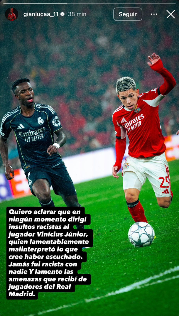 El descargo de Gianluca Prestianni tras denuncias de Vinicius: «Recibí amenazas de jugadores del Real Madrid» El descargo de Gianluca Prestianni tras denuncias de Vinicius: «Recibí amenazas de jugadores del Real Madrid»