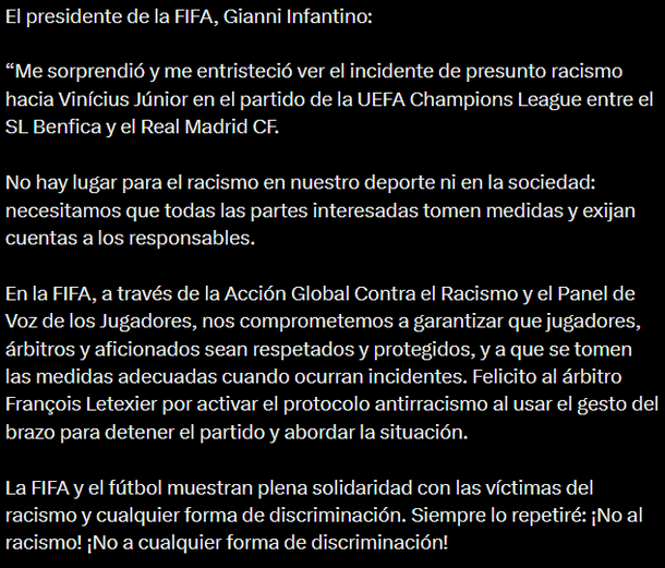 Gianni Infantino lanzó una dura advertencia tras el incidente entre Prestianni y Vinícius Jr. Gianni Infantino lanzó una dura advertencia tras el incidente entre Prestianni y Vinícius Jr.