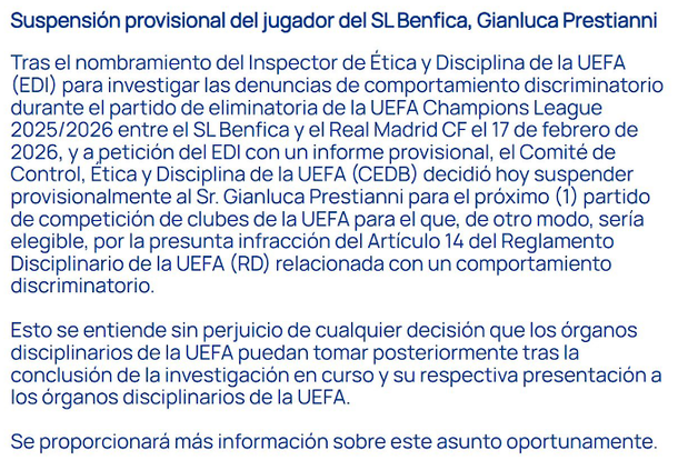 Prestianni fue suspendido por la UEFA: no estará en la revancha ante Real Madrid