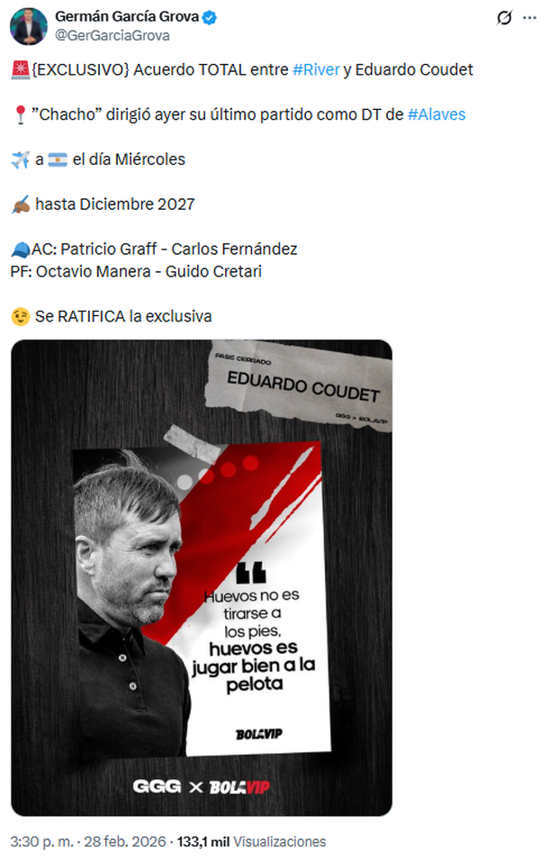 Chacho Coudet es el elegido para reemplazar a Marcelo Gallardo en River: estaría hasta finales de 2027