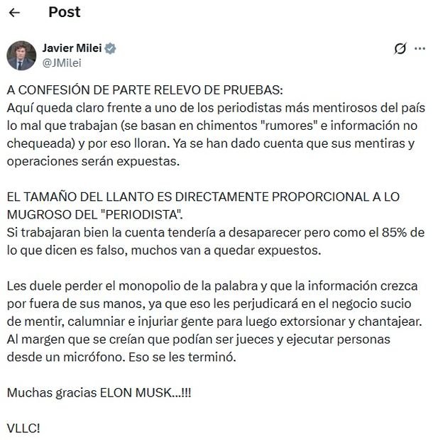 El posteo de Javier Milei contra Marcelo Bonelli por la Oficina de Respuesta Oficial: «A confesión de parte» El posteo de Javier Milei contra Marcelo Bonelli por la Oficina de Respuesta Oficial: «A confesión de parte»