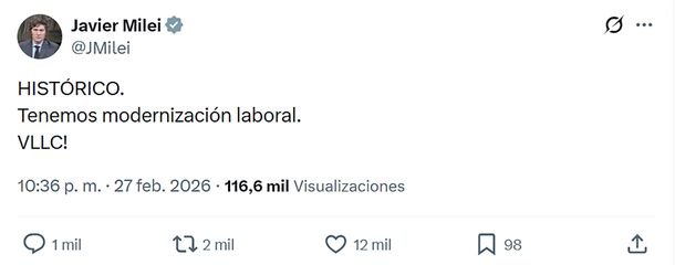 Javier Milei y Patricia Bullrich celebraron la aprobación de la Reforma Laboral en el Senado: «Histórico»