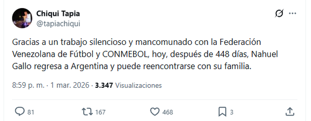 El mensaje de Chiqui Tapia tras la liberación de Nahuel Gallo en Venezuela