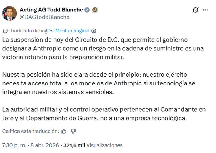 El gobierno de Trump celebró la decisión del tribunal en el caso contra Anthropic.