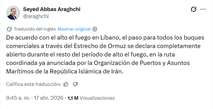 El mensaje de Irán en referencia al estado del estrecho de Ormuz. El mensaje de Irán en referencia al estado del estrecho de Ormuz.