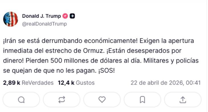 El presidente estadounidense afirmó que Teherán pierde millones por día bajo el cerco naval impuesto por Washington.