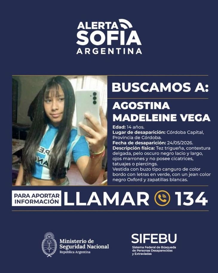 El Ministerio de Seguridad emitió una alerta Sofía por el caso de Agostina Vega.