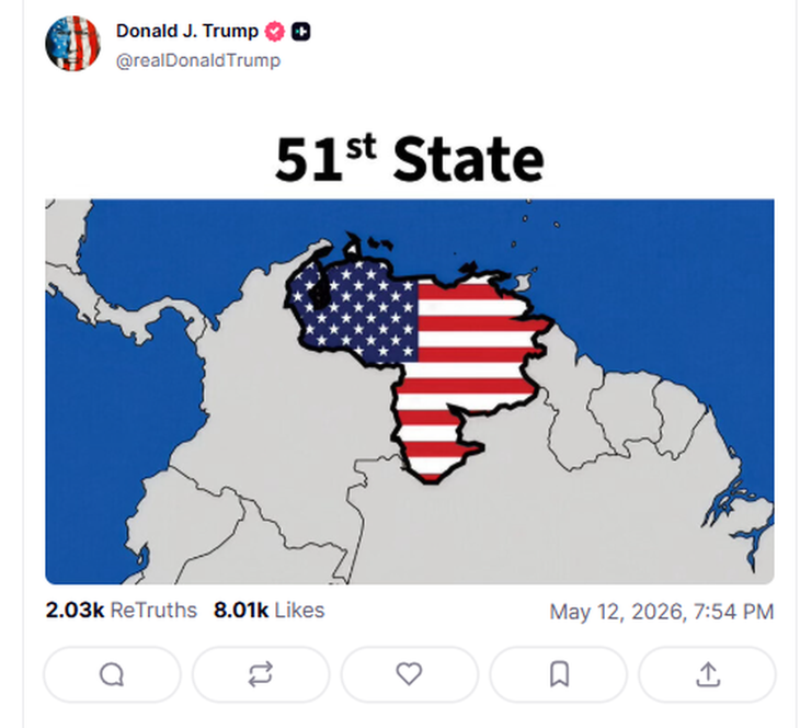 A través de su cuenta de Truth Social, el mandatario hizo un peculiar posteo donde la bandera de la República Bolivariana aparece coloreada con la bandera estadounidense.