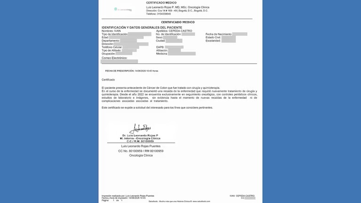 El certificado médico que compartió Cepeda durante al conferencia de prensa.