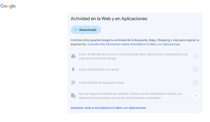 Los usuarios deben desactivar por completo el Historial de servicios de búsqueda.