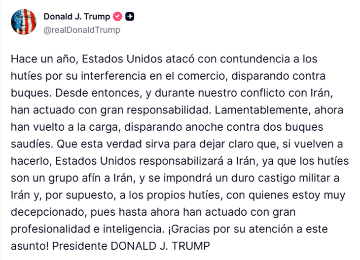 El mensaje completo de Trump sobre el acuerdo con Arabia Saudita.