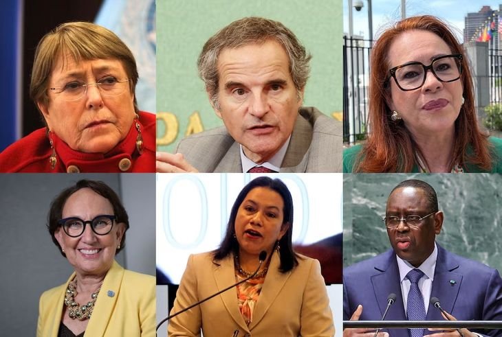 De izquierda a derecha: Michelle Bachelet (Chile), Rafael Grossi (Argentina), María Fernanda Espinosa (Ecuador). Segunda fila: Rebeca Grynspan (Costa Rica), Carolyn Rodrigues-Birkett (Guyana) y Macky Sall (Senegal). De izquierda a derecha: Michelle Bachelet (Chile), Rafael Grossi (Argentina), María Fernanda Espinosa (Ecuador). Segunda fila: Rebeca Grynspan (Costa Rica), Carolyn Rodrigues-Birkett (Guyana) y Macky Sall (Senegal).