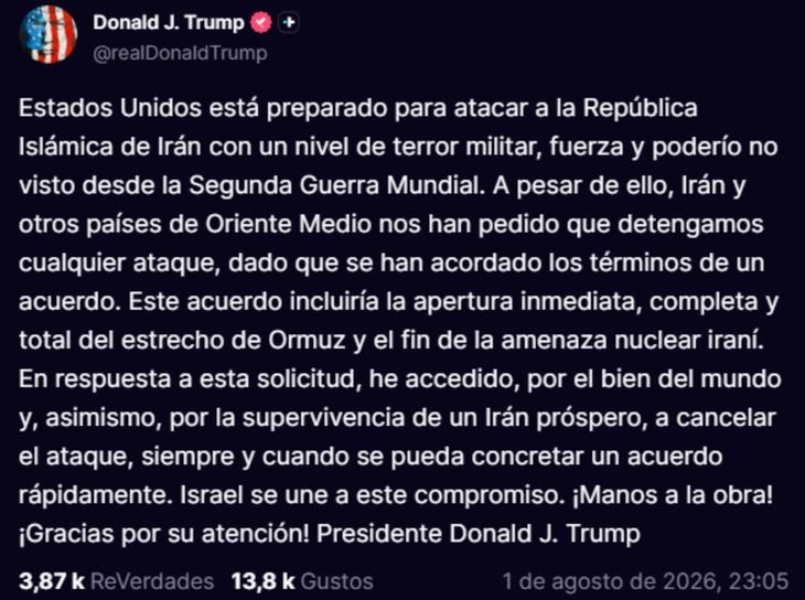 Trump asegura que existe un principio de acuerdo para reabrir el estrecho de Ormuz y avanzar sobre el programa nuclear iraní.