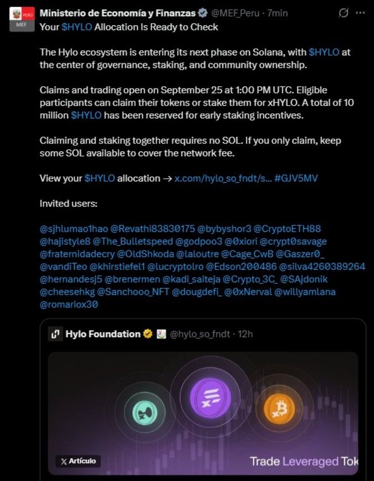 Los atacantes utilizaron el perfil institucional para promocionar una supuesta criptomoneda denominada $HYLO. Los atacantes utilizaron el perfil institucional para promocionar una supuesta criptomoneda denominada $HYLO.