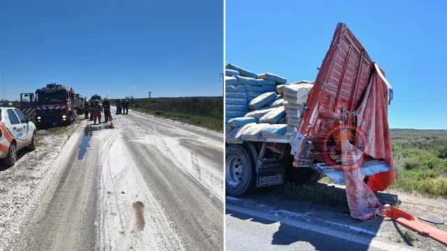 Dos camiones chocaron en Ruta 22 por esquivar un bache: daños materiales y derrame de harina