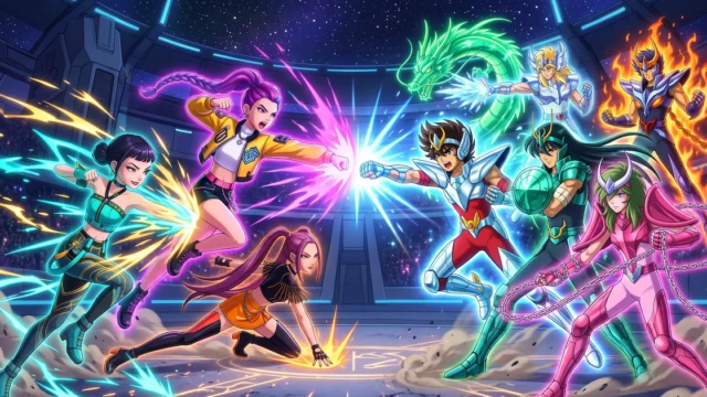 Cómo convertir una pelea entre Las Guerreras K-pop vs Los caballeros del Zodiaco en una lámina para colorear