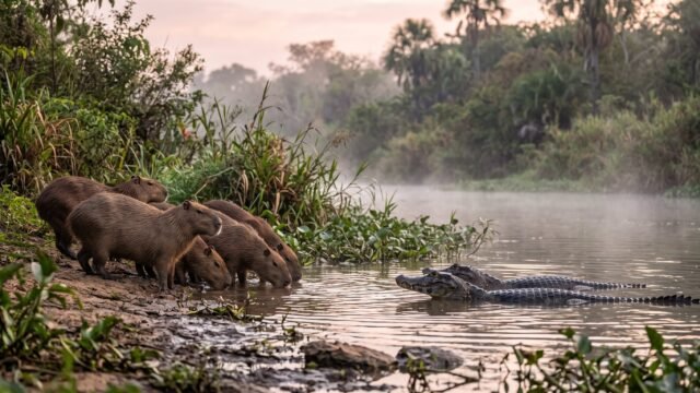 ¿Aliados o enemigos? La razón oculta detrás de la tensa calma que define la convivencia entre carpinchos y caimanes